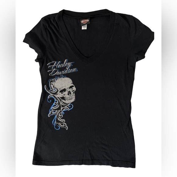 Harley-Davidson Tops - HARLEY DAVIDSON BRIGHT BLUE & BLACK V-NECK T-SHIRT - Medium
